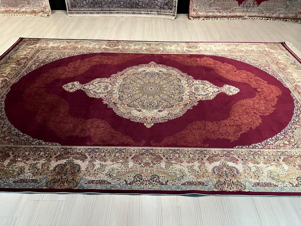 8x11 Turkish Modal Silk Rug, Burgundy Medallion Carpet, Luxury Classic Living Room