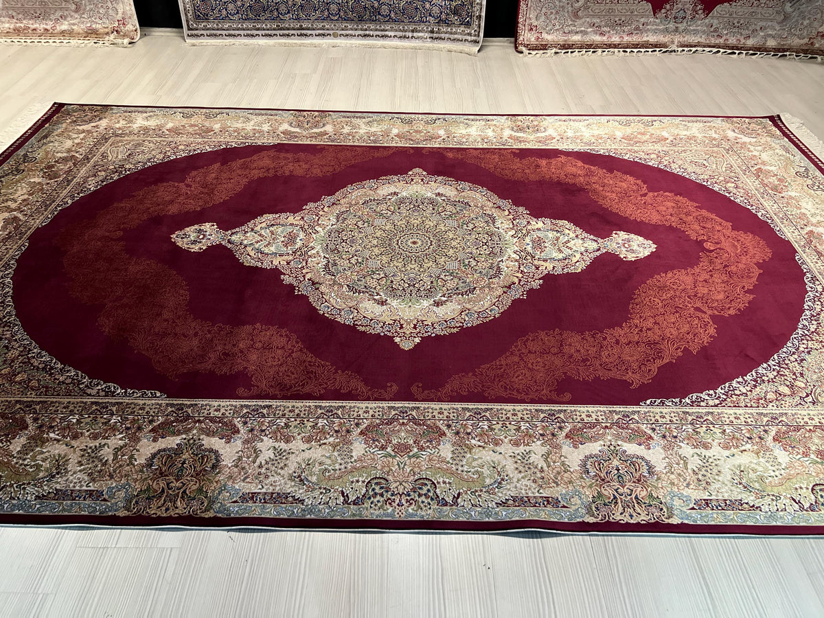 8x11 Turkish Modal Silk Rug, Burgundy Medallion Carpet, Luxury Classic Living Room