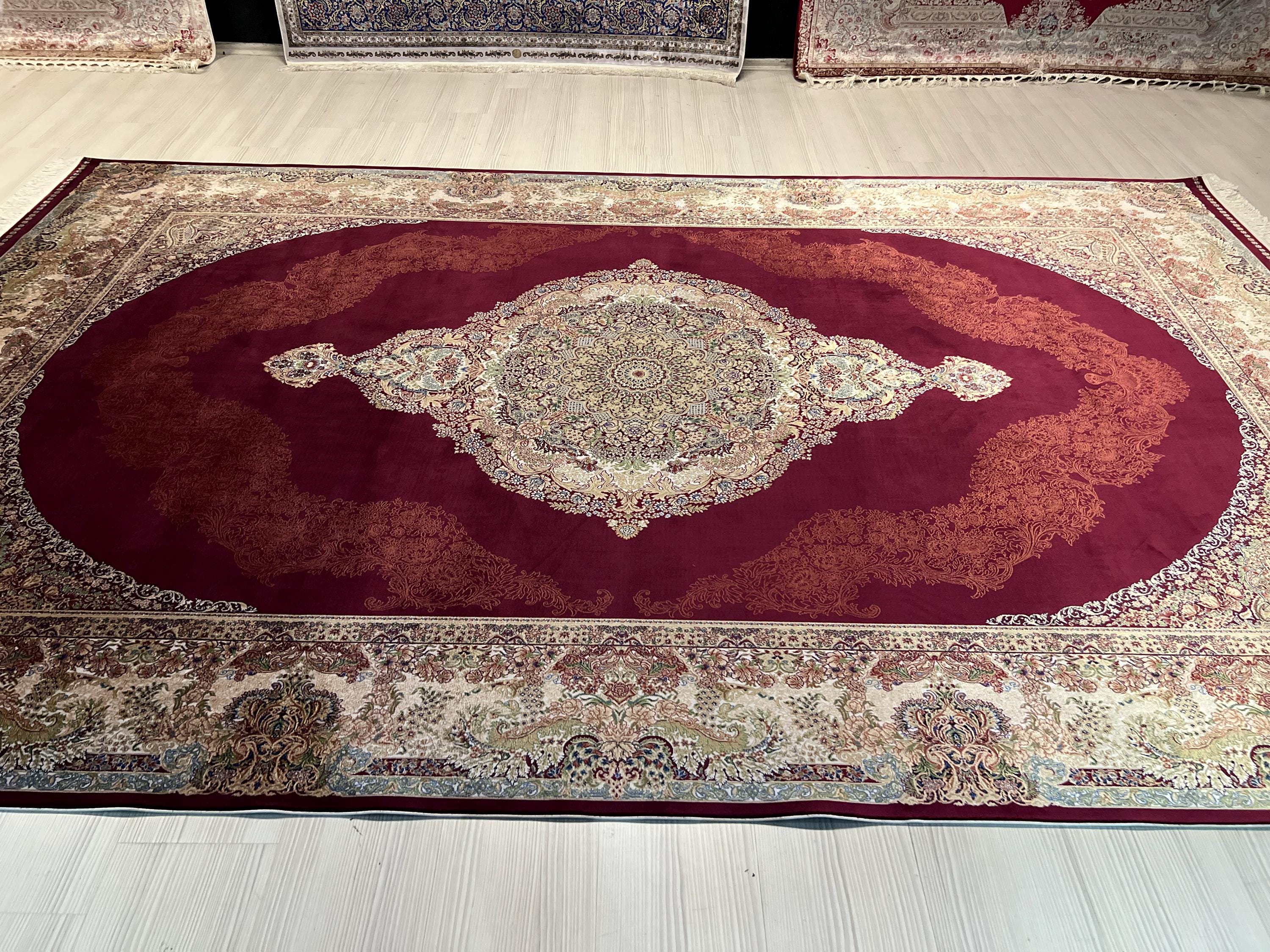 10x13 ft Large Red Modal Silk Rug, Turkish Medallion Carpet, Luxury Area Rug