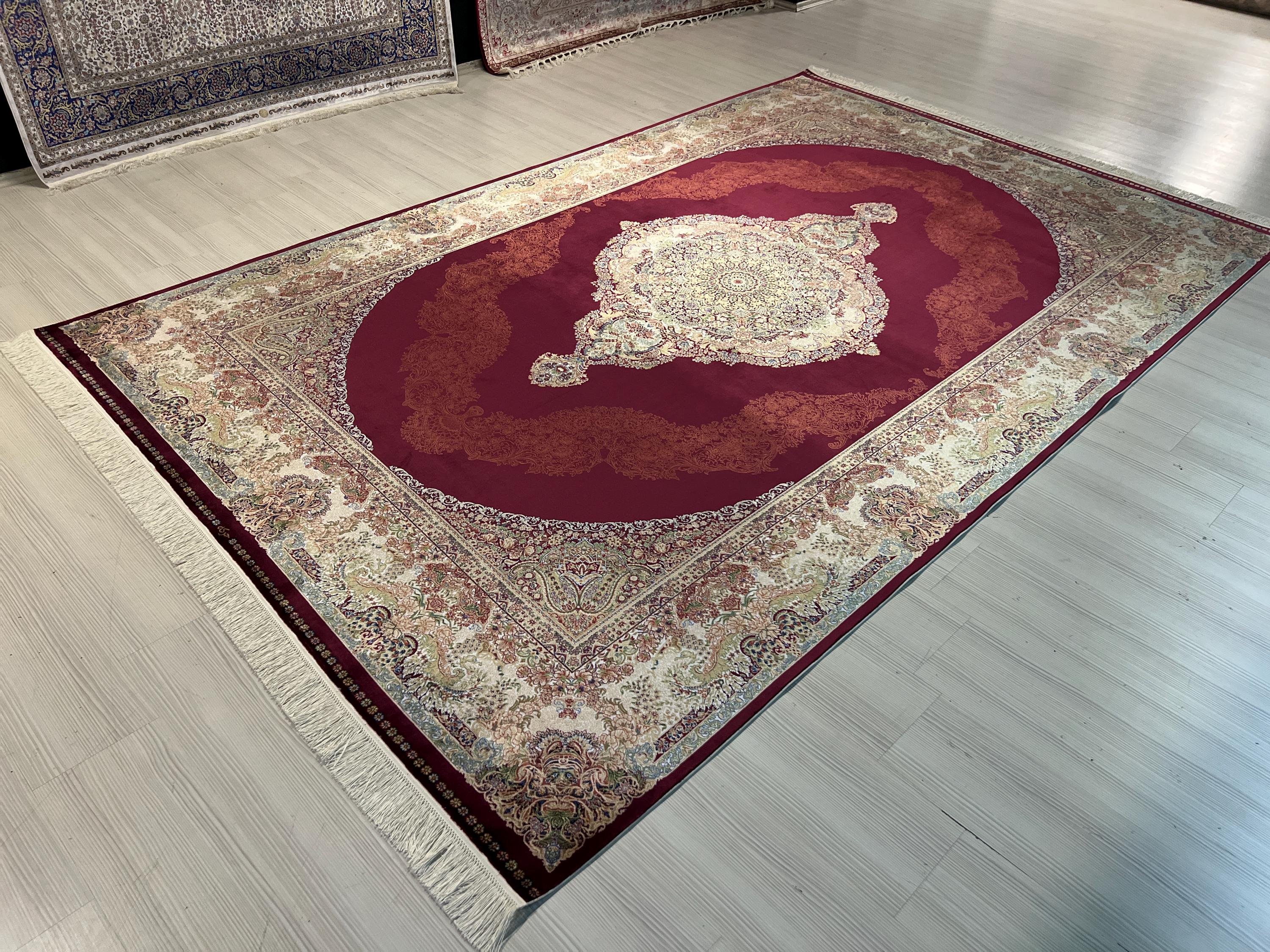 8x11 Turkish Modal Silk Rug, Burgundy Medallion Carpet, Luxury Classic Living Room