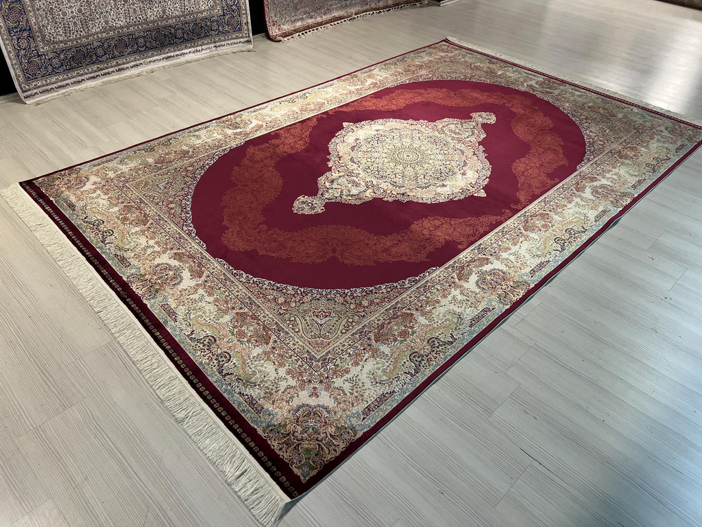 10x13 ft Large Red Modal Silk Rug, Turkish Medallion Carpet, Luxury Area Rug