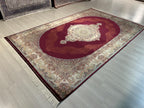 10x13 ft Large Red Modal Silk Rug, Turkish Medallion Carpet, Luxury Area Rug