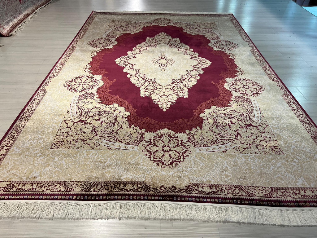 7x10 ft Burgundy Medallion Modal Silk Rug, Luxury Carpet, Large Living Room Rug