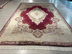 7x10 ft Burgundy Medallion Modal Silk Rug, Luxury Carpet, Large Living Room Rug