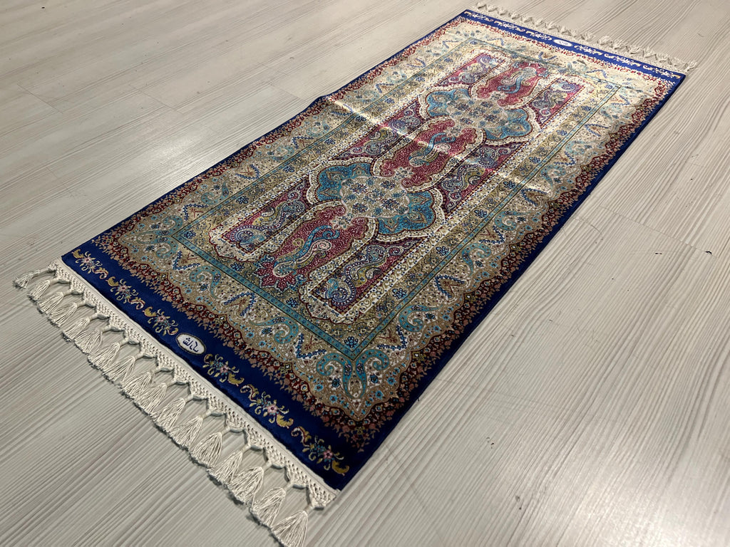 Blue Pink Small Modal Silk Rug, Paisley Medallion Turkish Carpet