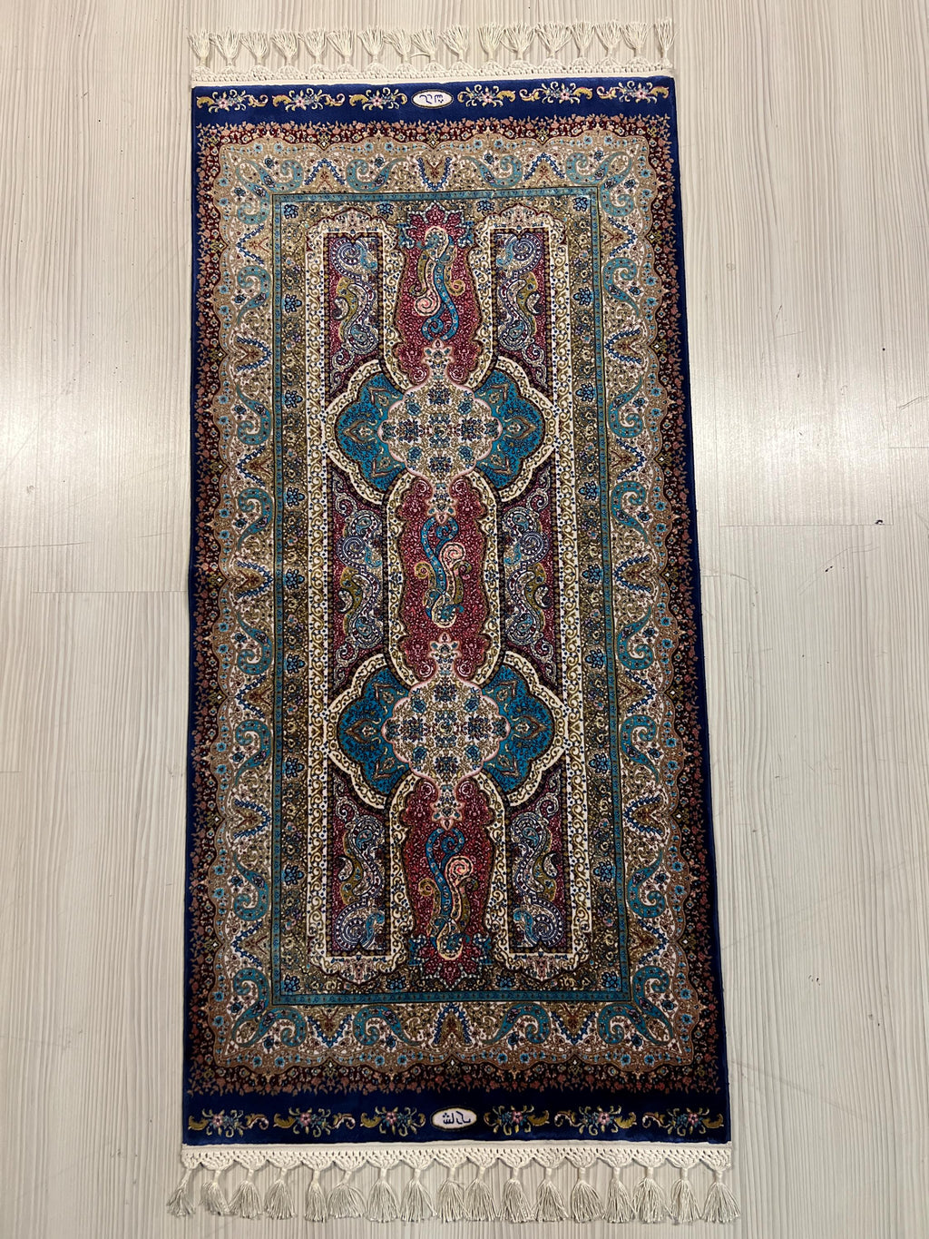 Blue Pink Small Modal Silk Rug, Paisley Medallion Turkish Carpet