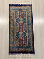 Blue Pink Small Modal Silk Rug, Paisley Medallion Turkish Carpet