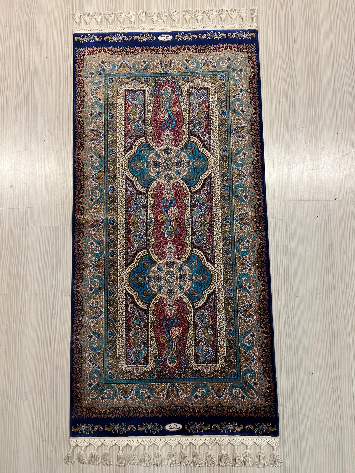 Blue Pink Small Modal Silk Rug, Paisley Medallion Turkish Carpet