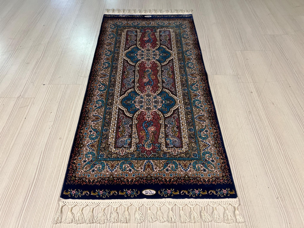 Blue Pink Small Modal Silk Rug, Paisley Medallion Turkish Carpet