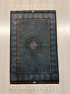 2x3 ft Blue Medallion Modal Silk Rug, Turkish Accent Carpet, Entryway Decor Rug