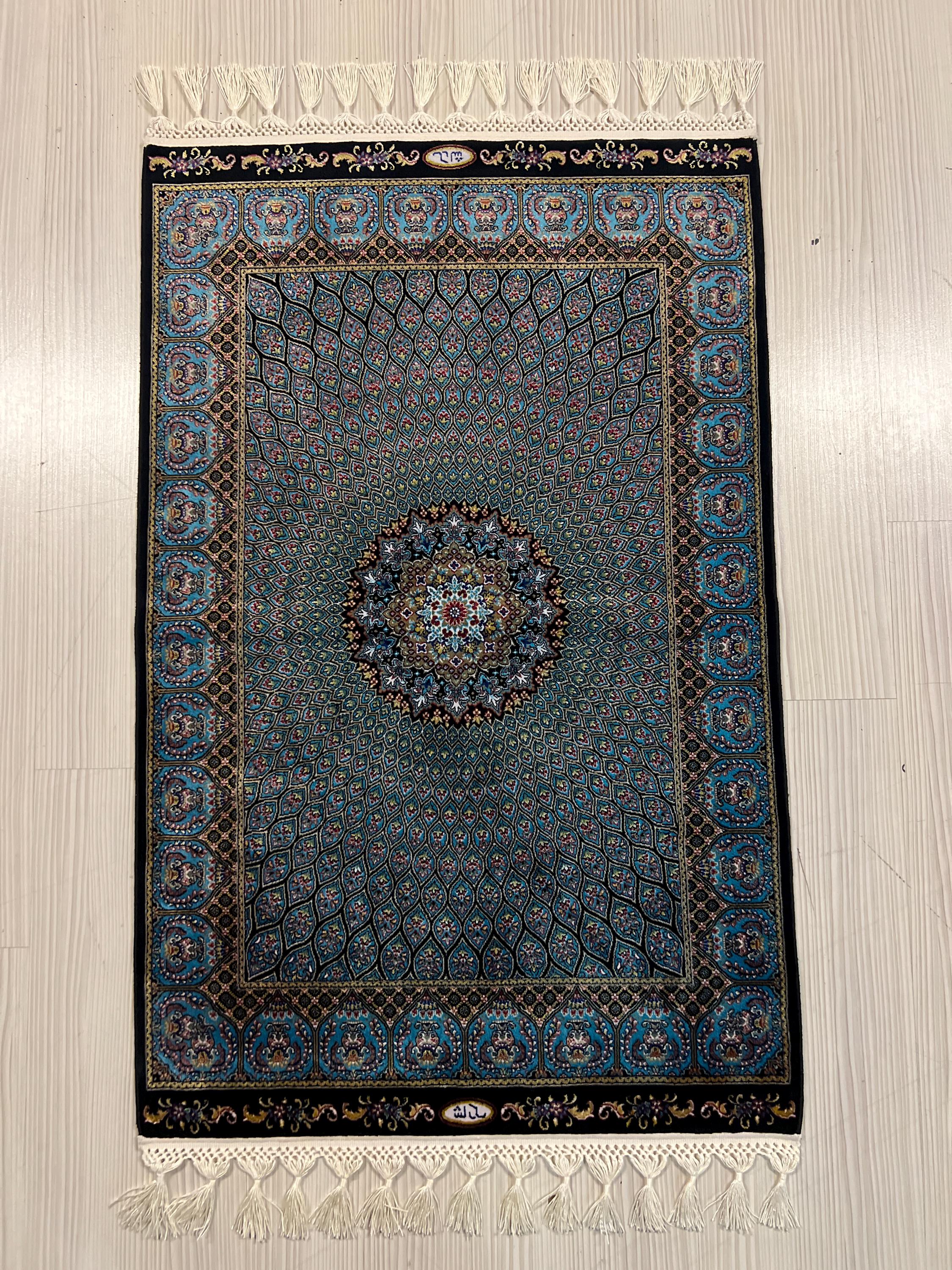 2x3 ft Blue Medallion Modal Silk Rug, Turkish Accent Carpet, Entryway Decor Rug