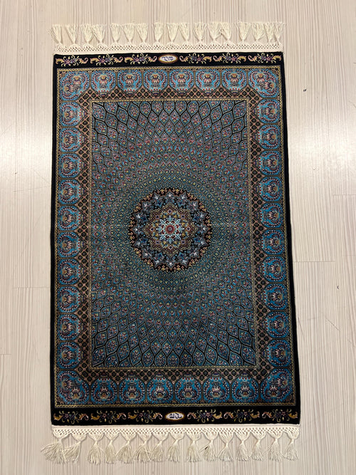2x3 ft Blue Medallion Modal Silk Rug, Turkish Accent Carpet, Entryway Decor Rug