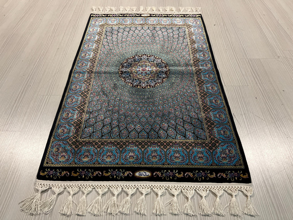 2x3 ft Blue Medallion Modal Silk Rug, Turkish Accent Carpet, Entryway Decor Rug