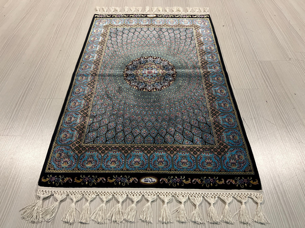 2x3 ft Blue Medallion Modal Silk Rug, Turkish Accent Carpet, Entryway Decor Rug