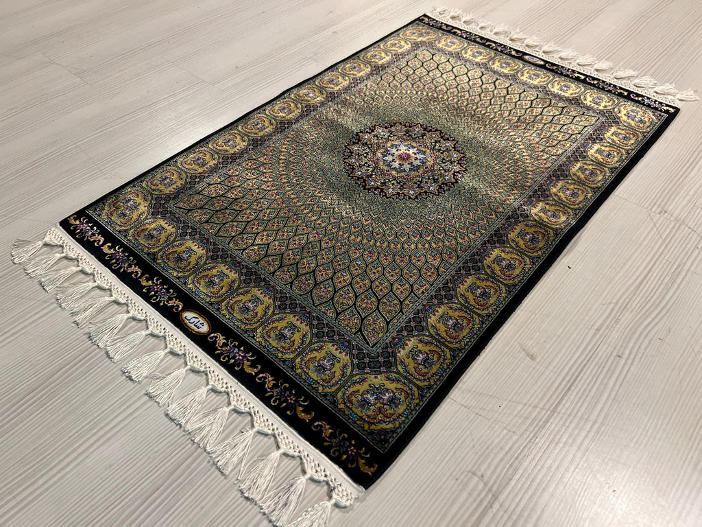 Gold Medallion Modal Silk Rug, Turkish Design, 2x3 ft