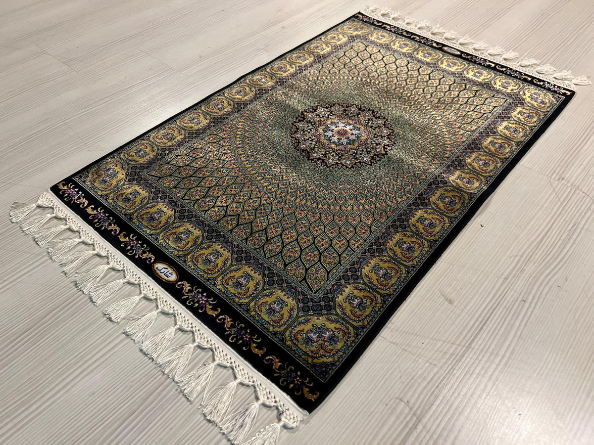 Gold Medallion Modal Silk Rug, Turkish Design, 2x3 ft