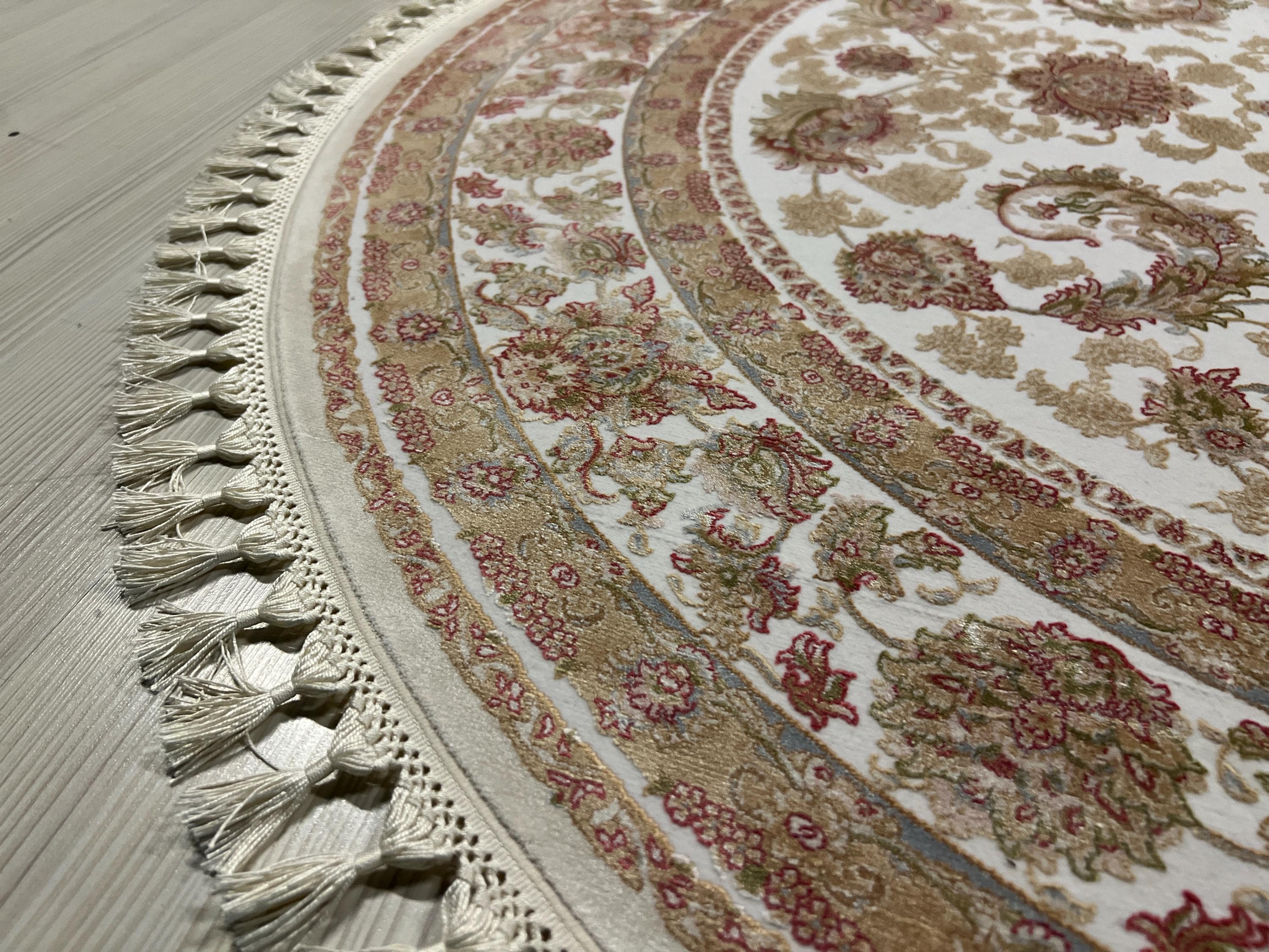 5x5 ft Bamboo Silk Circle Rug, Ivory Floral Round Carpet, Turkish Area Rug