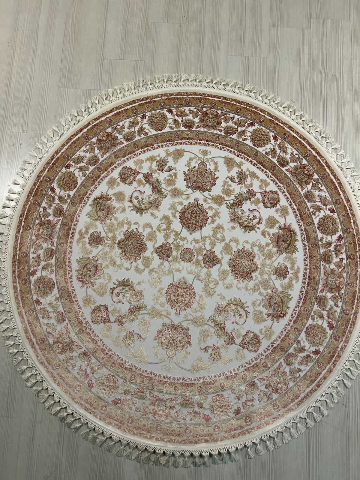5x5 ft Bamboo Silk Circle Rug, Ivory Floral Round Carpet, Turkish Area Rug