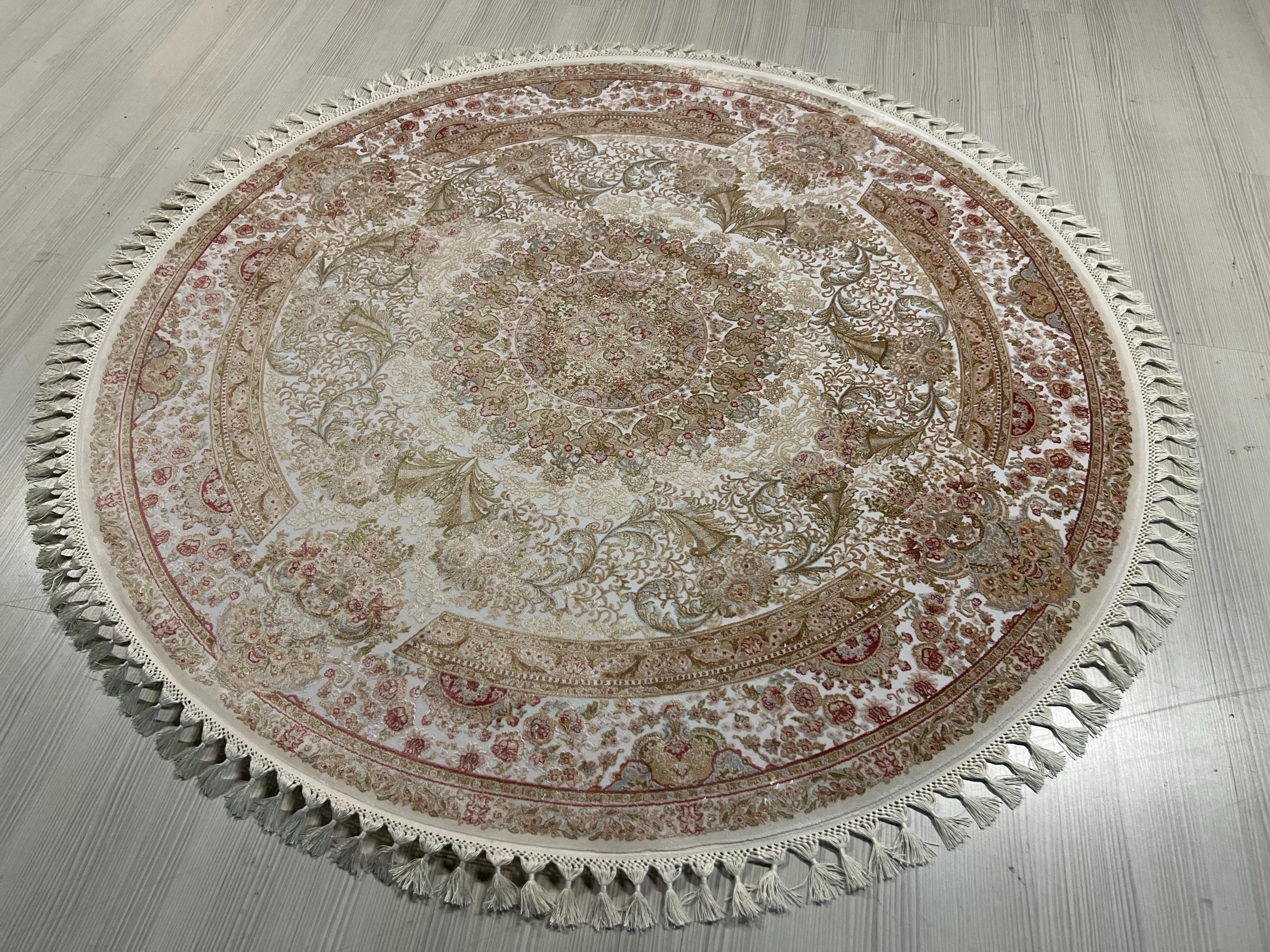 5x5 ft Round Bamboo Silk Rug, Ivory Floral Medallion Rug, Traditional Turkish Circle Carpet