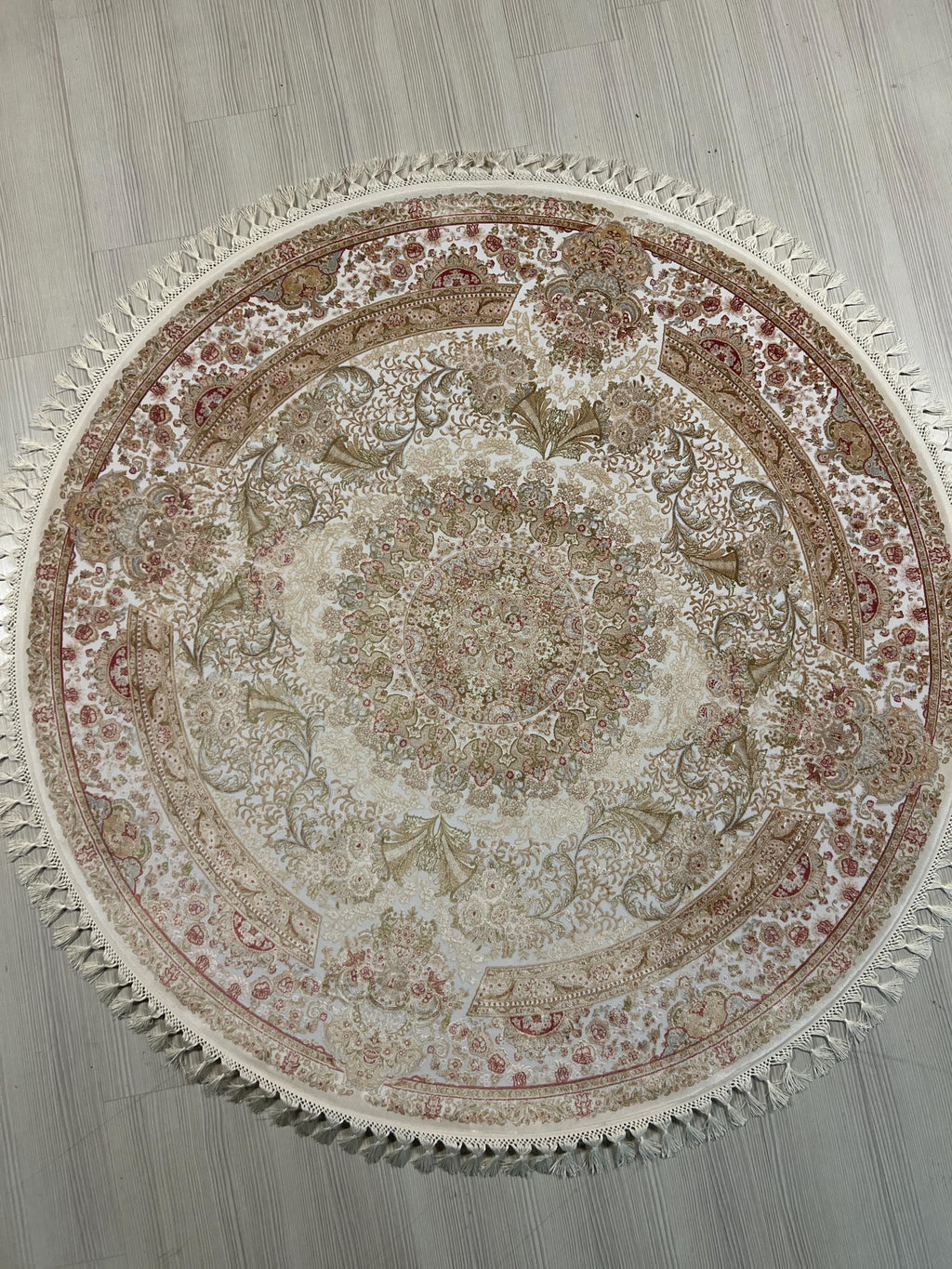 5x5 ft Round Bamboo Silk Rug, Ivory Floral Medallion Rug, Traditional Turkish Circle Carpet