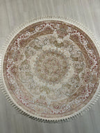 5x5 ft Round Bamboo Silk Rug, Ivory Floral Medallion Rug, Traditional Turkish Circle Carpet
