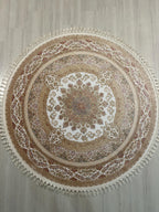 5x5 ft Round Bamboo Silk Rug, Floral Medallion Rug, Ivory Beige Turkish Area Carpet