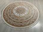 5x5 ft Round Bamboo Silk Rug, Floral Medallion Rug, Ivory Beige Turkish Area Carpet