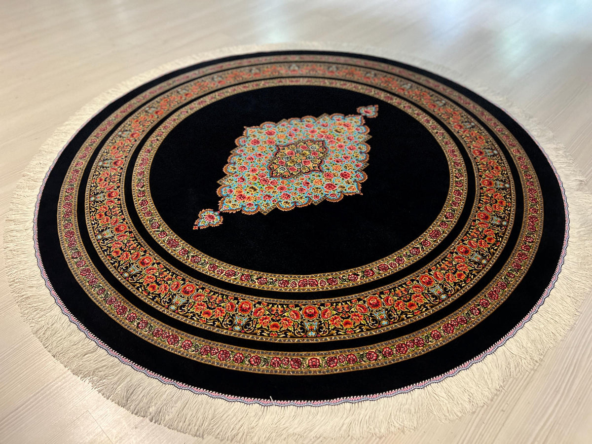 5x5 ft Round Modal Silk Rug, Black Medallion Design Circle Silk Carpet