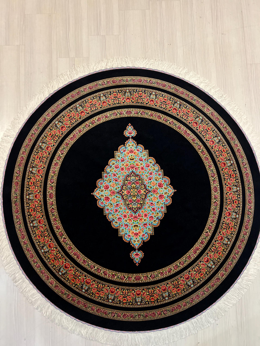 5x5 ft Round Modal Silk Rug, Black Medallion Design Circle Silk Carpet