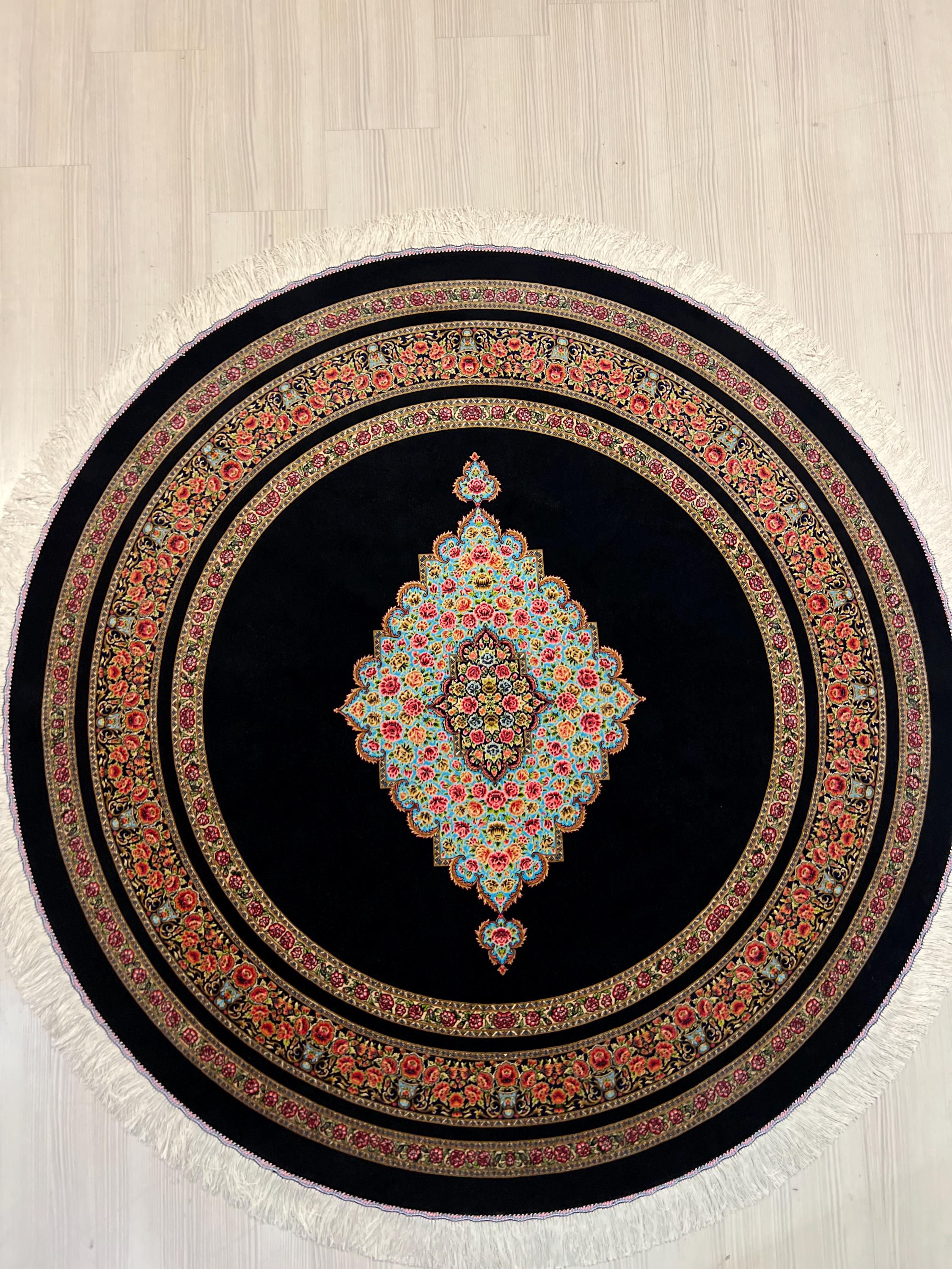 5x5 ft Round Modal Silk Rug, Black Medallion Design Circle Silk Carpet