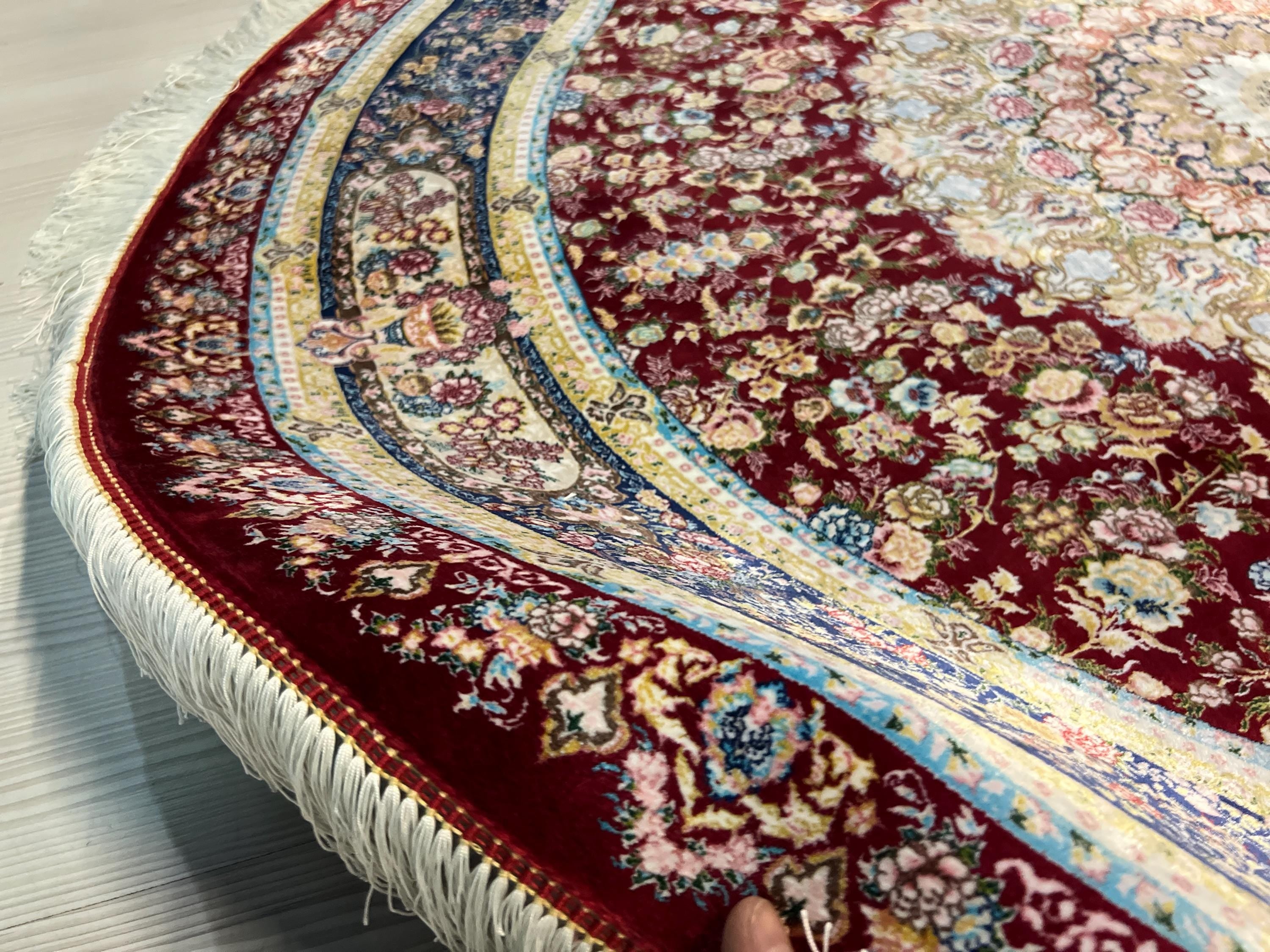 5x5 ft Red Silk Round Rug, Floral Patternd, Turkish Circle Area Rug