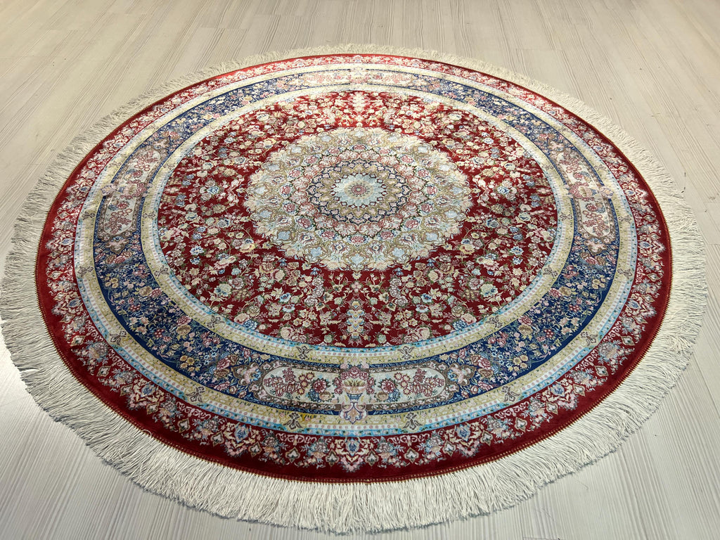5x5 ft Red Silk Round Rug, Floral Patternd, Turkish Circle Area Rug