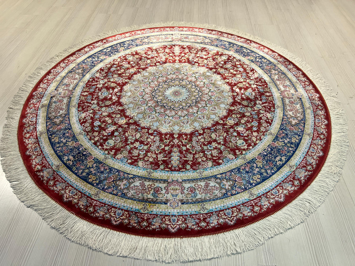 5x5 ft Red Silk Round Rug, Floral Patternd, Turkish Circle Area Rug