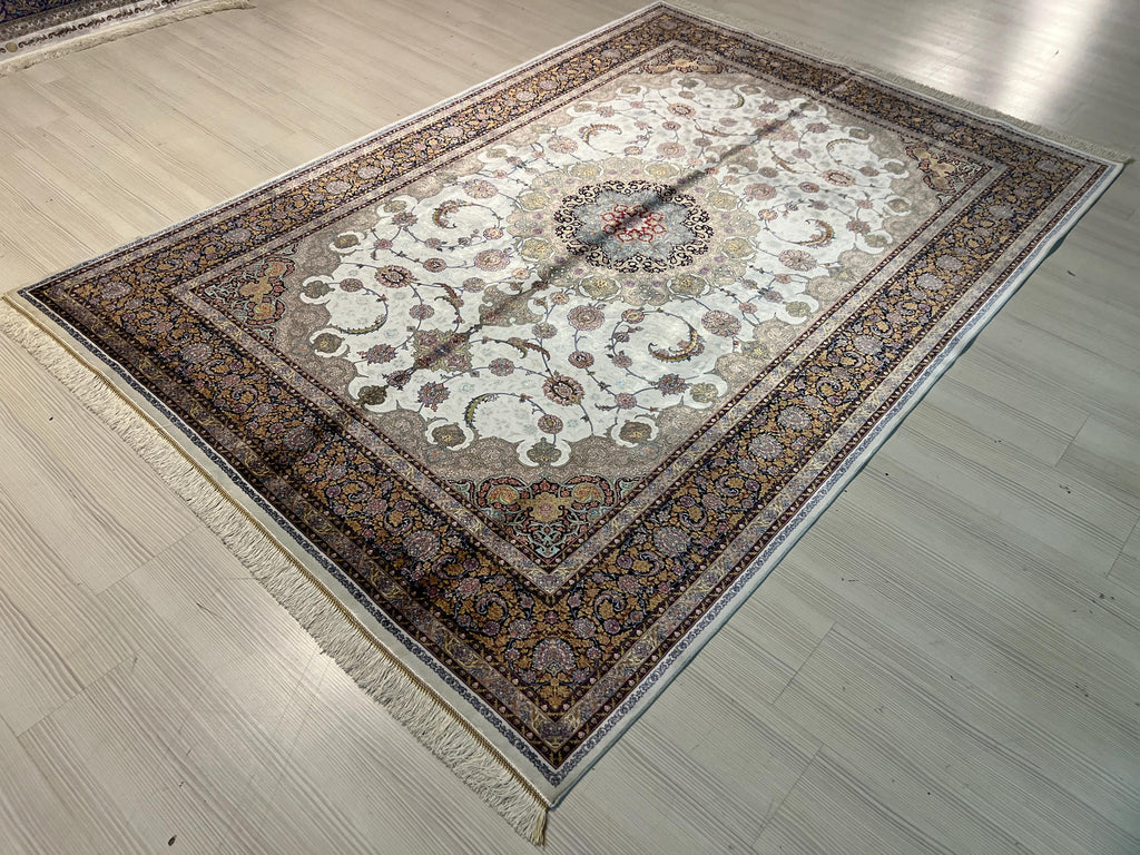 5x8 ft Ivory Silk Area Rug, Floral Medallion Design, Luxury Turkish Living Room Decor