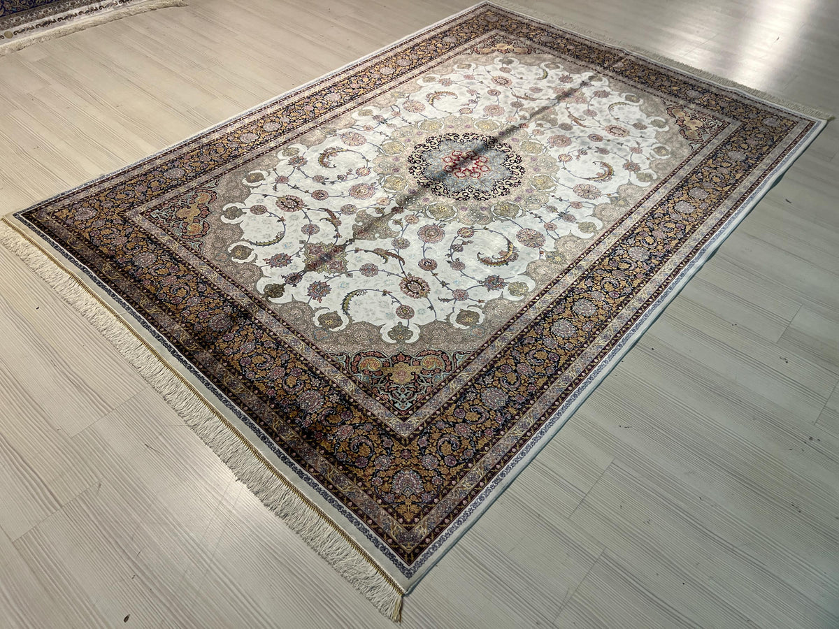 5x8 ft Ivory Silk Area Rug, Floral Medallion Design, Luxury Turkish Living Room Decor