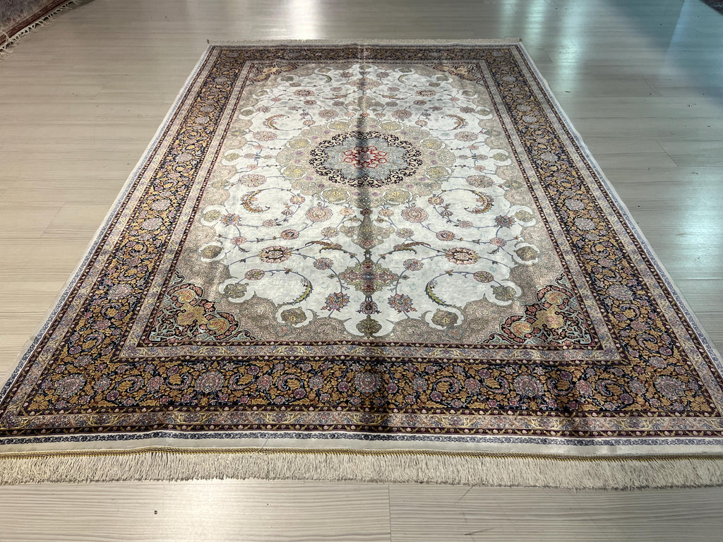 5x8 ft Ivory Silk Area Rug, Floral Medallion Design, Luxury Turkish Living Room Decor