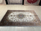 5x8 ft Ivory Silk Area Rug, Floral Medallion Design, Luxury Turkish Living Room Decor