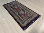Blue Pink Small Modal Silk Rug, Paisley Medallion Turkish Carpet