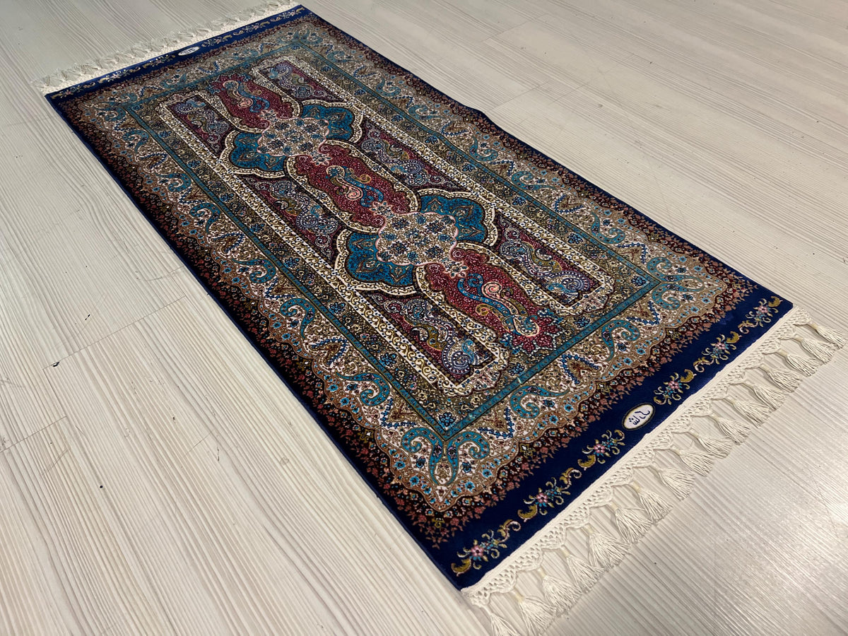 Blue Pink Small Modal Silk Rug, Paisley Medallion Turkish Carpet