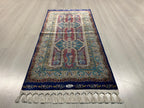 Blue Pink Small Modal Silk Rug, Paisley Medallion Turkish Carpet