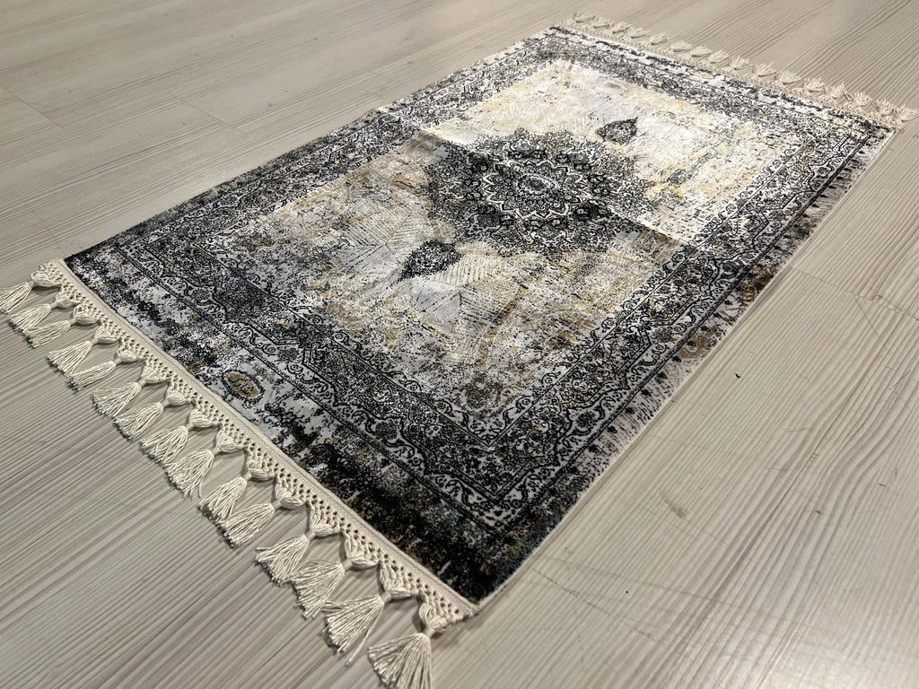 2x3 ft Gray Vintage Medallion Rug, Turkish Accent Modal Silk Rug