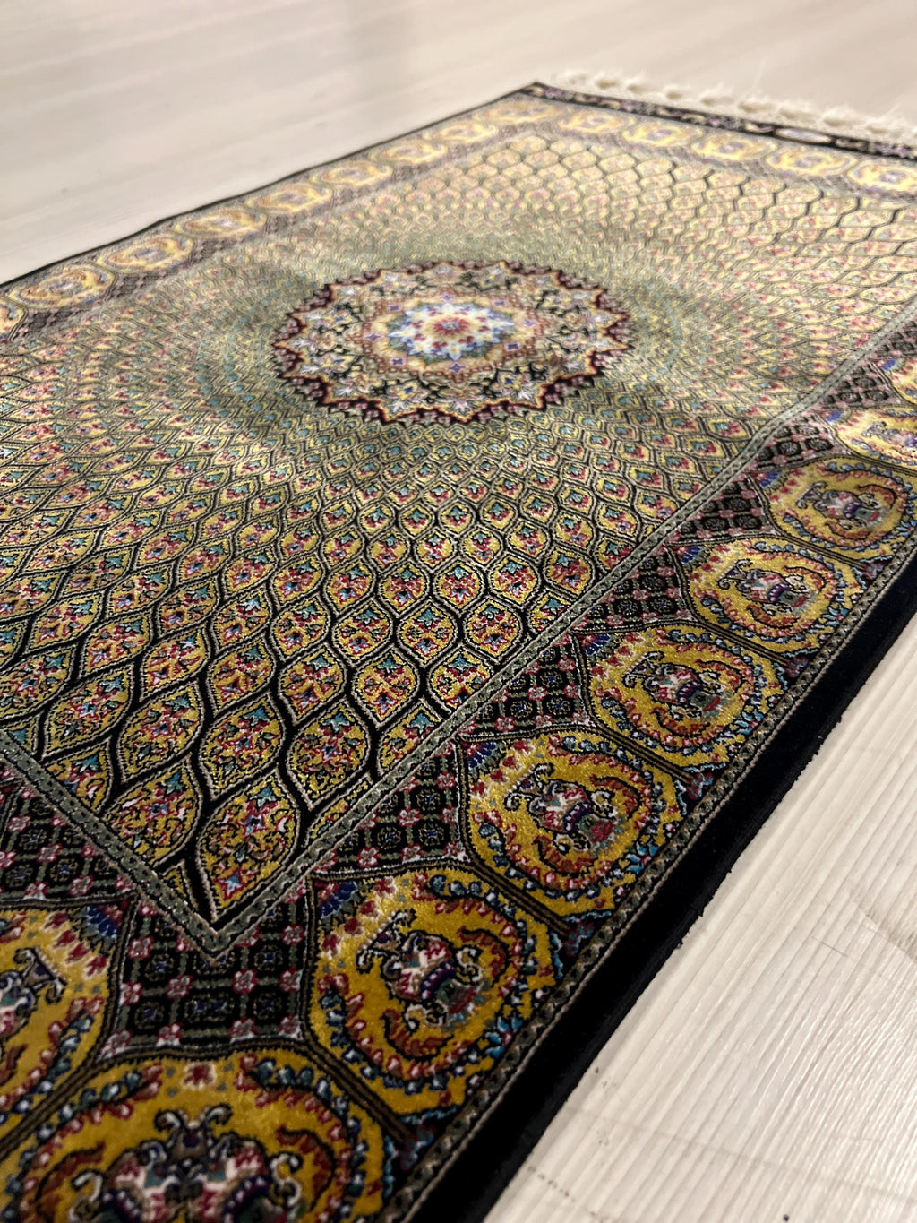 Gold Medallion Modal Silk Rug, Turkish Design, 2x3 ft
