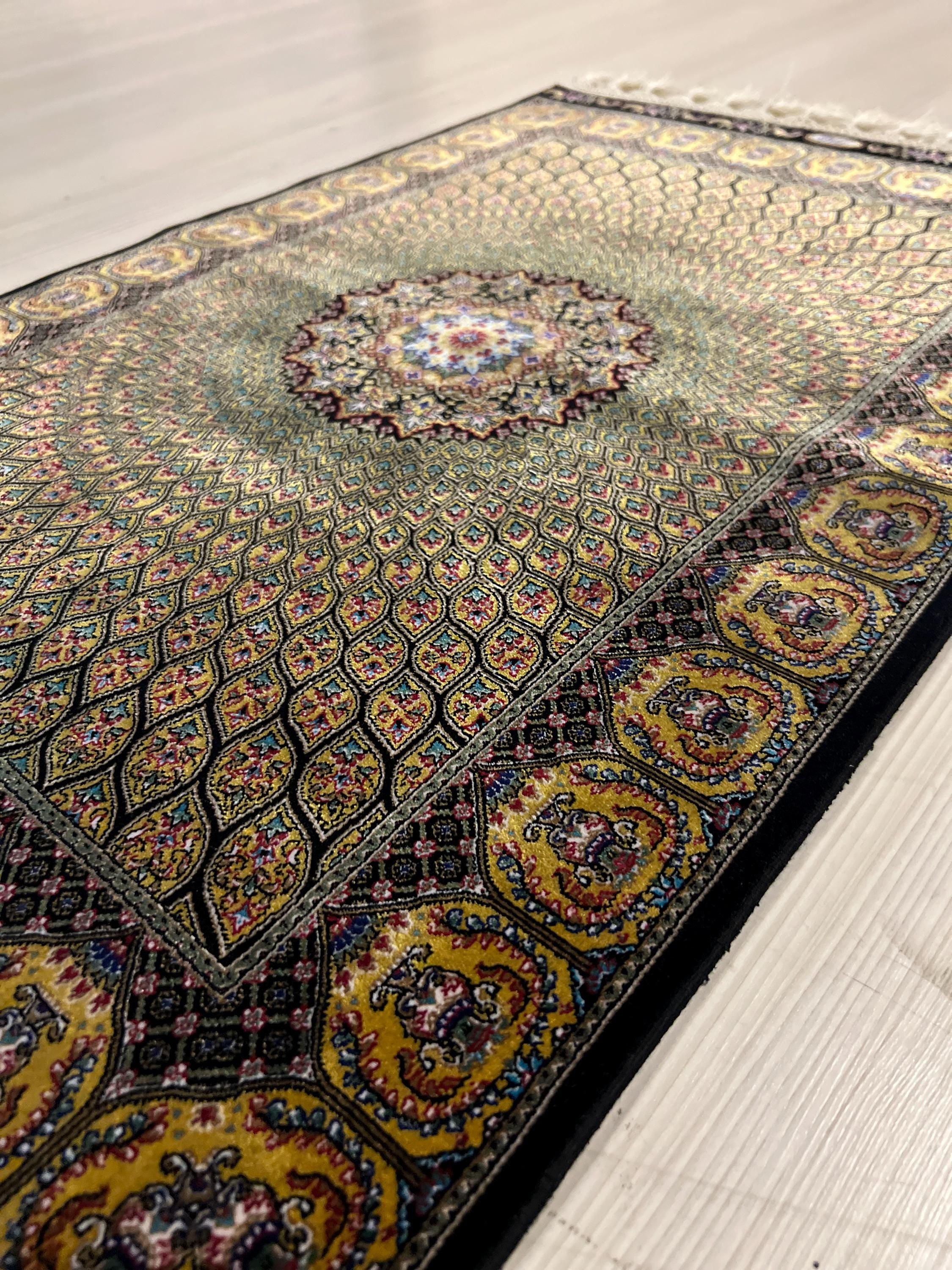 Gold Medallion Modal Silk Rug, Turkish Design, 2x3 ft