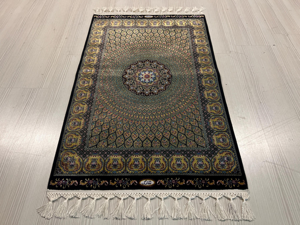 Gold Medallion Modal Silk Rug, Turkish Design, 2x3 ft