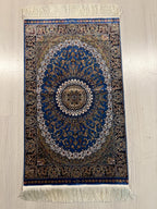 2x3 ft Blue Medallion Modal Silk Rug, Turkish Accent Rug, Floral Entryway Carpet