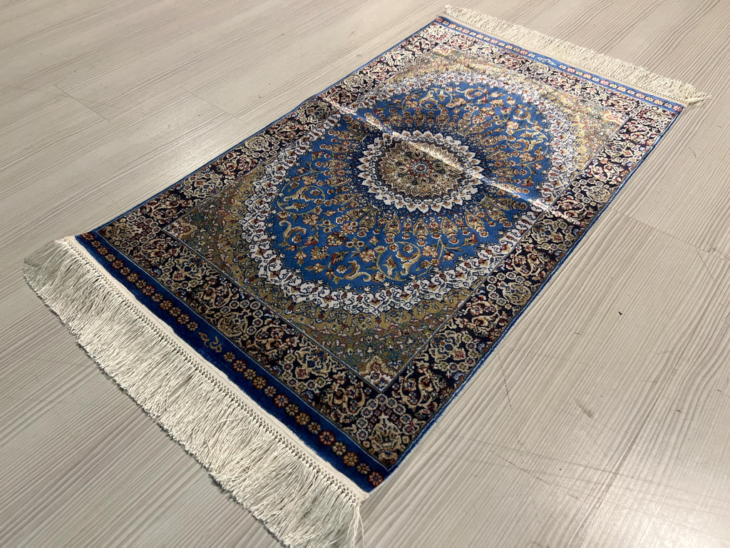 2x3 ft Blue Medallion Modal Silk Rug, Turkish Accent Rug, Floral Entryway Carpet