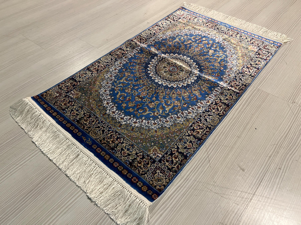 2x3 ft Blue Medallion Modal Silk Rug, Turkish Accent Rug, Floral Entryway Carpet