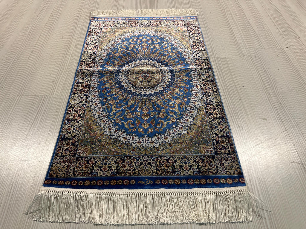 2x3 ft Blue Medallion Modal Silk Rug, Turkish Accent Rug, Floral Entryway Carpet