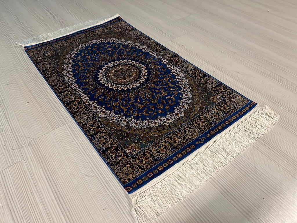 2x3 ft Blue Medallion Modal Silk Rug, Turkish Accent Rug, Floral Entryway Carpet