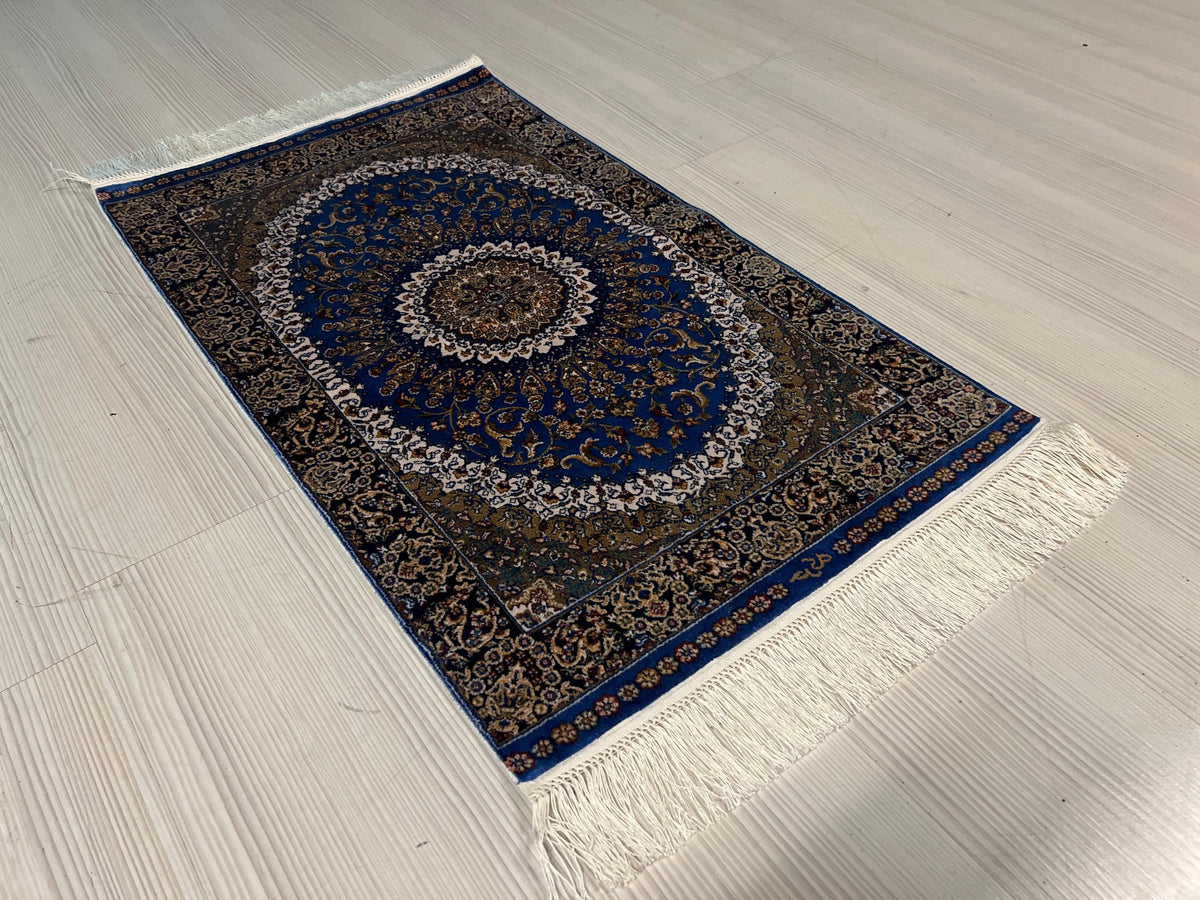 2x3 ft Blue Medallion Modal Silk Rug, Turkish Accent Rug, Floral Entryway Carpet